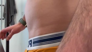 Heavy ball stretcher hitting the floor till orgasm after underwear piss