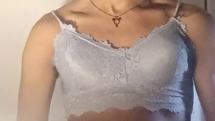 Queer black femboy sucks and rides dildo in bra and panties