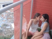 passionate kisses and touching my girlfriend's pussy on the balcony 1/16