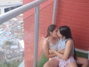 passionate kisses and touching my girlfriend's pussy on the balcony 11/16
