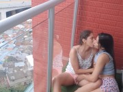 passionate kisses and touching my girlfriend's pussy on the balcony 3/16