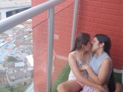 passionate kisses and touching my girlfriend's pussy on the balcony 6/16