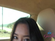 Vacation hookup blowjob in car and pussy play before peeing after a roadtrip Jade Kimiko 1/16