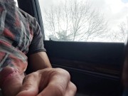 Sexy guy touching his big cock in the car with people passing by and watching - almost caught