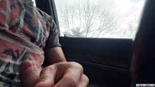 Sexy guy touching his big cock in the car with people passing by and watching - almost caught