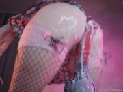 Sweet girl in miniskirt and fishnet stockings takes a Huge Horse Dildo. Creampie overflow loads 4/16