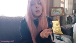 Beautiful Pink Hair Egirl Smoking in black pyjama (full vid on my ManyVids/0nlyfans)