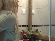 Sexy and horny blonde wife in plead skirt takes off her underwear red thong in the bathroom to show her tight pussy and booty 13/16