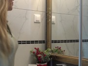 Sexy and horny blonde wife in plead skirt takes off her underwear red thong in the bathroom to show her tight pussy and booty 9/16