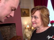 HE massages the sexy, full boobs and pushes the skirt down. Enjoy more on Oldnanny 11/16