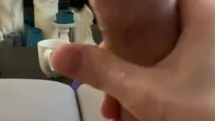 Stroking big dick with huge load