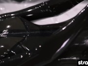 Watch this beauty in a latex catsuit jerk off her faux cock 16/16