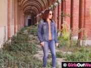 Sexy curly teen with unshaven pussy masturbates outdoors 1/16