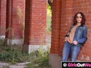 Sexy curly teen with unshaven pussy masturbates outdoors 3/16