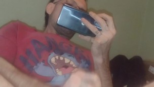 Smoking and masturbating huge cock with spit.