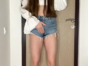 Sexy brunette pees in her denim shorts because her bladder is about to burst 3/16