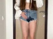 Sexy brunette pees in her denim shorts because her bladder is about to burst 4/16