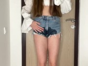 Sexy brunette pees in her denim shorts because her bladder is about to burst 5/16