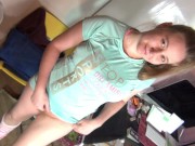 Long, blonde pussy hair show at home.  POV