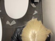 Blonde girl fucked loud in public bathroom