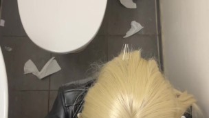 Blonde girl fucked loud in public bathroom