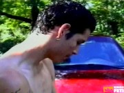 Guy with tattoos washes a tranny's car before hammering her big asshole outside 3/16