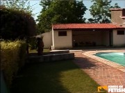 Tattooed babe gets Double Penetration from two horny guys outside on the stairs 1/16