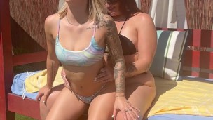 Real lesbian porn with petite blonde dominating tall bbw MILF outside