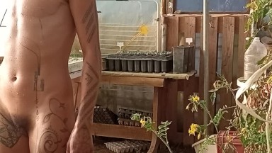 EcoPorn. Green House Shower with a small piss. Trans alien first video after top surgery.