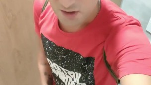 Jerk off at the toilet with door open - almost caught right through orgasm