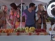 While working as a fruit seller, he gets a surprise visit from two babes that crave a hardcore anal threesome. 1/16