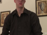 Tall guy is interviewed and gets his big dick sucked and fucked by a horny little brunette girl. 1/16