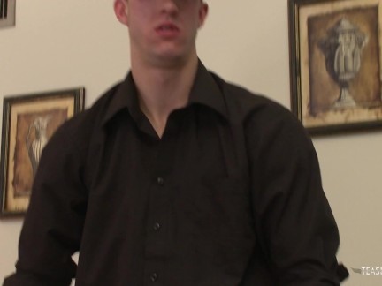 Tall guy is interviewed and gets his big dick sucked and fucked by a horny little brunette girl.