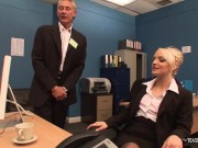 Interviewing the erotic blonde in the office turns into group sex once the brunette arrives 1/16