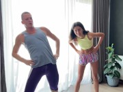 Bi threesome - stepdad fucks stepson and his girlfriend and cums on their faces -3.96 1/16