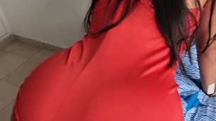 Having a fast anal fuck with my red dress - Daddy cum in my asshole