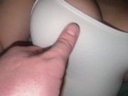 Stepsister allowed to cum on her big tits while talking to a guy 3/16