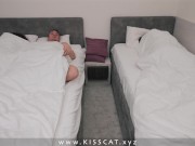 DAY 23 - Horny GF caught step Son fucks hot step Mom in share bed to 3some sex in hotel room 8/16