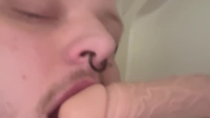 Young Furry Chub sucks and Gags on his Dildo in the shower