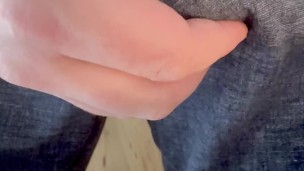 Hard Penis in it‘s Pants Full of Precum, after stroking cums the full load in the pants