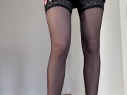 The secretary shows her stockings in shoes and a leather skirt 8/16