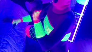 Anal stretching with butt plugs and dildos in neon lingerie for after party festival sissy