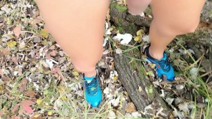 Naked twink in the woods shows off his body and legs with blue sneakers - short video