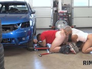 RIM4K. Car repairman bangs his big-tittied wife in the garage after rimjob 15/16