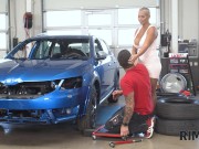 RIM4K. Car repairman bangs his big-tittied wife in the garage after rimjob 4/16