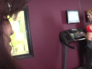 Lesbian gym fucking with a pretty brunette and her busty blonde GF 1/16