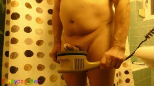 Taking temperature in jocks, jerking off, cock ring, condom, electric toothbrush and huge massager o