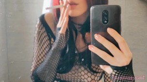 Goth Girl in Fishnets Smoking in the mirror (full vid on my 0nlyfans/ManyVids)