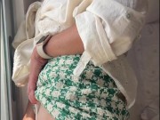 Milf in a short skirt plays with her big dildo and rubs her clit on it 15/16