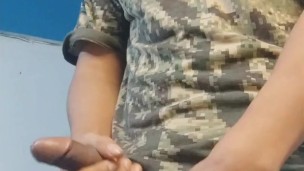 army soldier gets horny plays with his huge bulge and masturbates